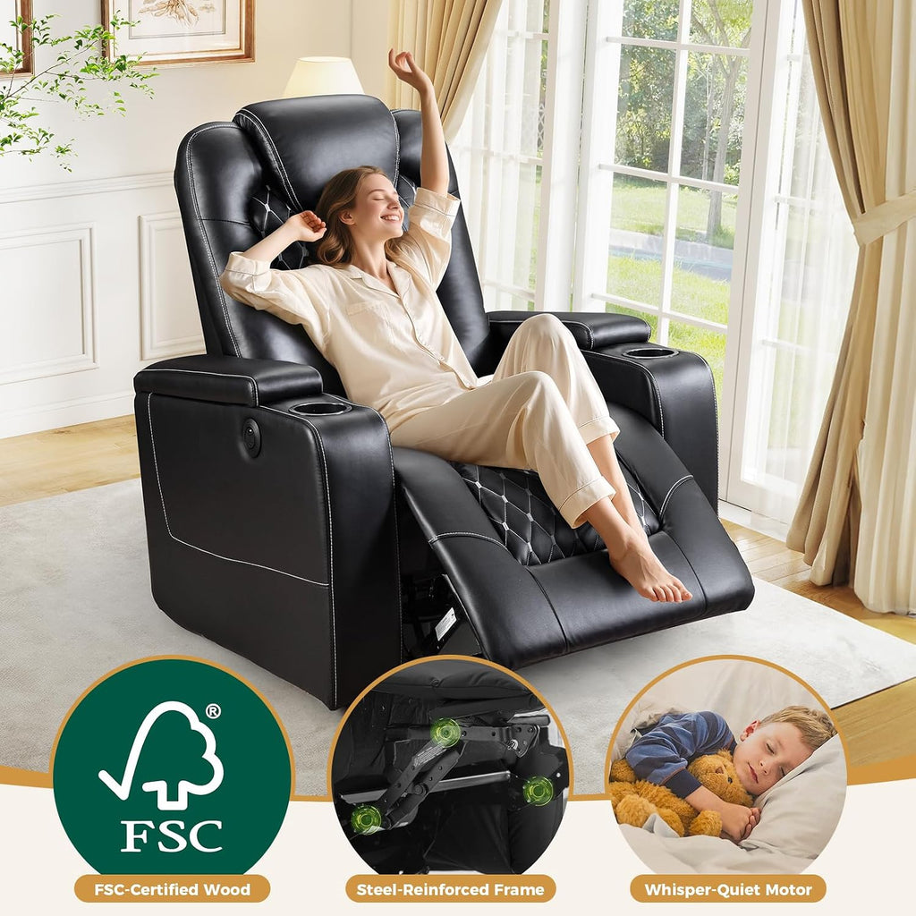 Power Recliner Chair with USB Ports and Cup Holders - Overstuffed Electric Home Theater Seating PU Leather Reclining