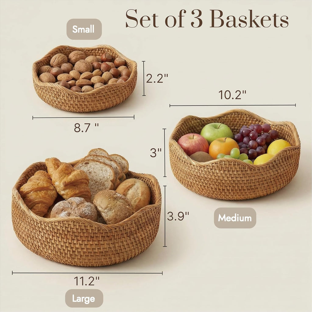 Rattan Bread Basket, Round Fruit Baskets, Wicker Storage Bowls, Natural Woven Serving Basket Bowls, Decorative