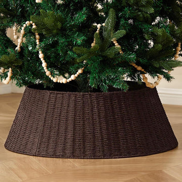 Rustic Farmhouse Christmas Tree Collar - 28Inch Woven Wicker Tree Base Stand Cover for Artificial Trees - Holiday