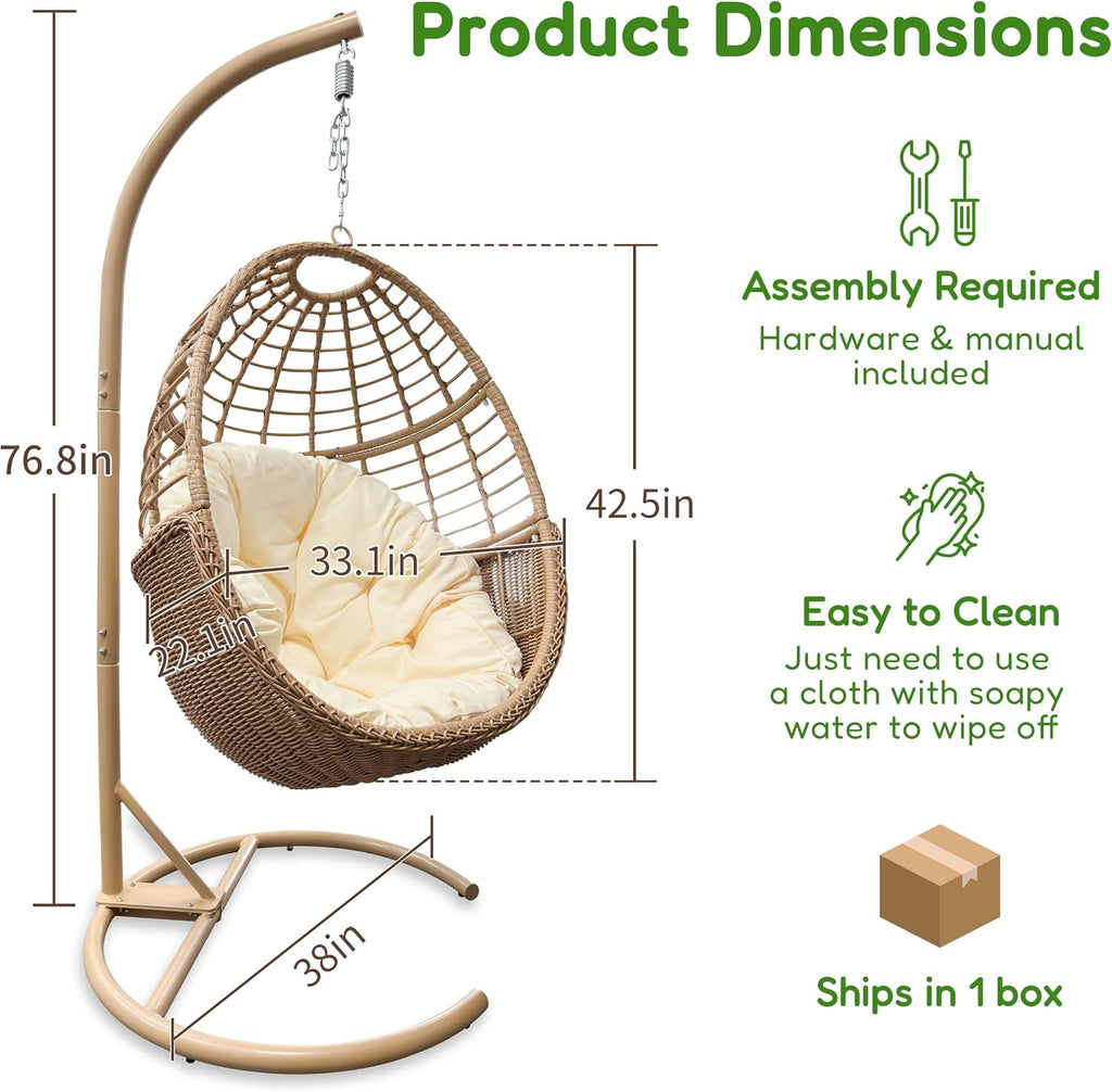 Egg Swing Hanging Chair with Stand, Patio PE Rattan Hammock, Brown | Hand Woven, Weather Resistant, Comfy Cushion
