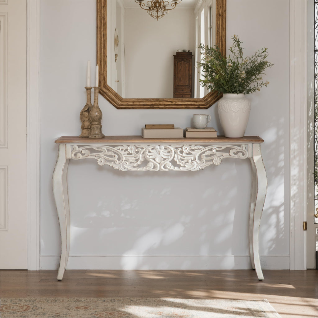 Console Table with Carved Details, 43.31" Long Sofa Table Behind Couch, Vintage French Country Entry Table with Wood