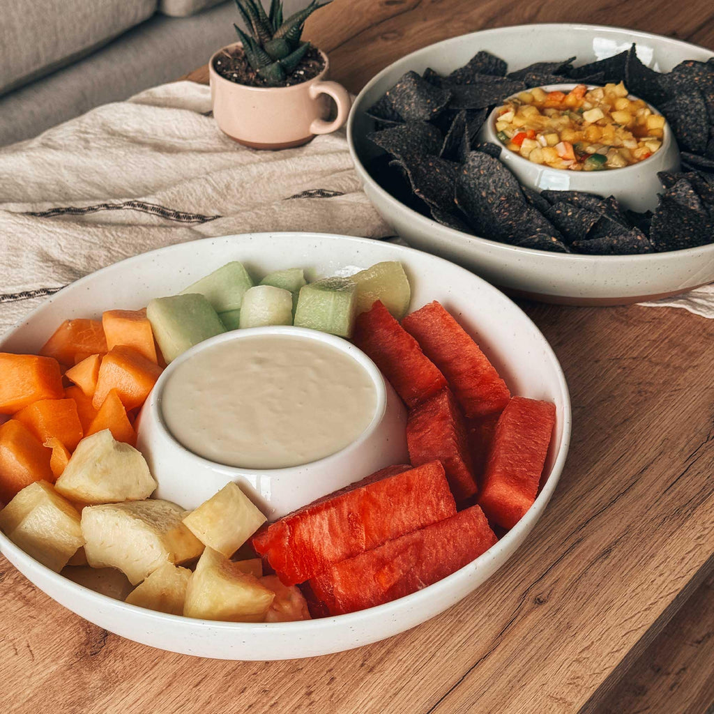 Ceramic Chips and Dip Serving Tray: Large Divided Party Bowl Set for Chips & Salsa, Veggies & Dip, Fruit, Snacks