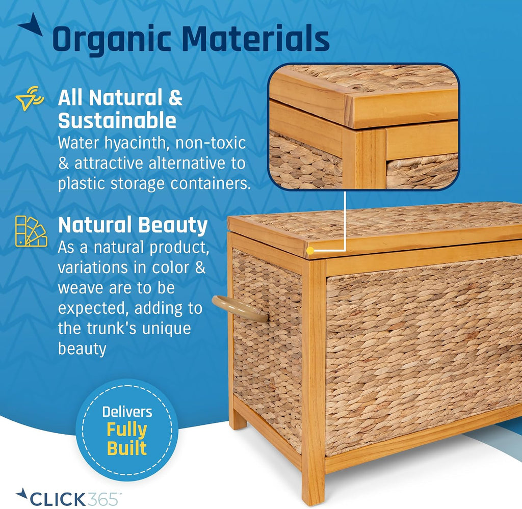 Wilson Wicker Storage Trunk with Lid, 30 Inch Handwoven Water Hyacinth Storage Chest with Acacia Wood Frame