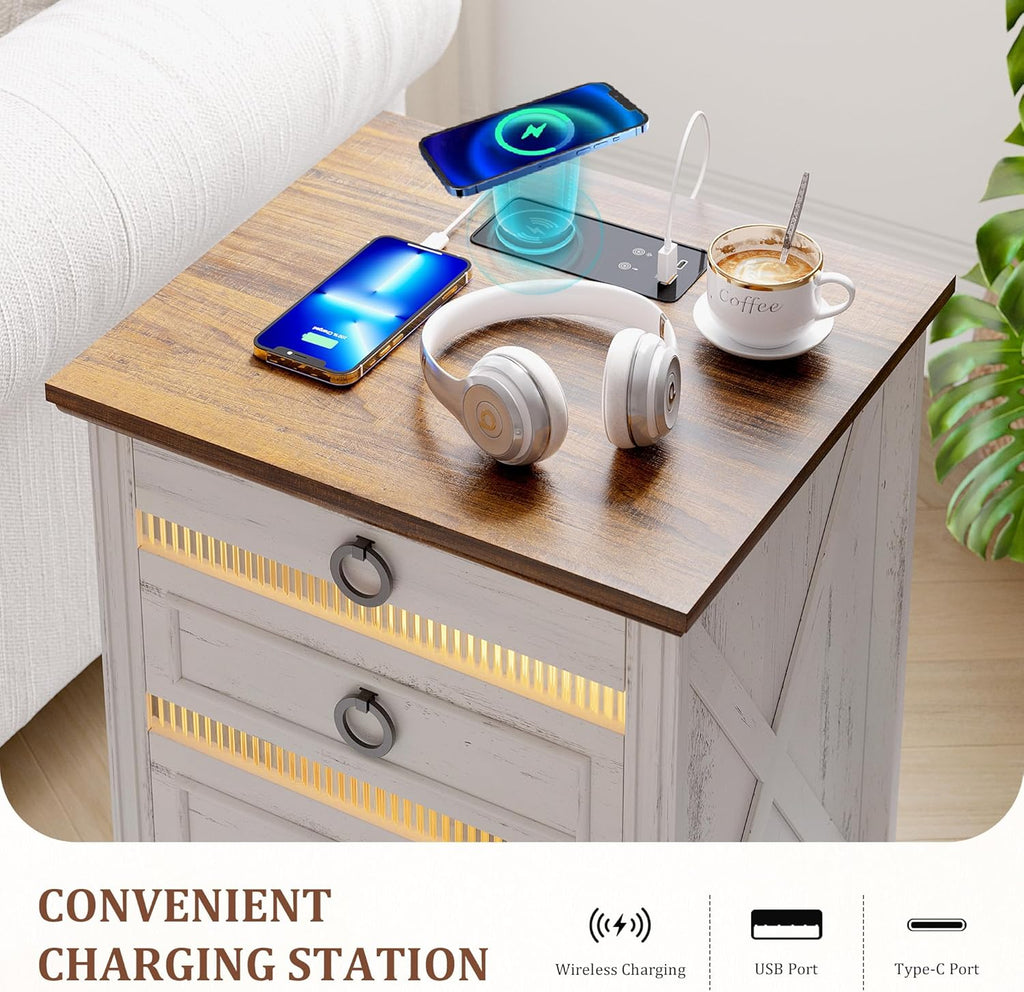 Farmhouse Night Stand Set 2 with Gun Drawer | Bedside Table with Charger Station, LED Nightstand with Human Sensor