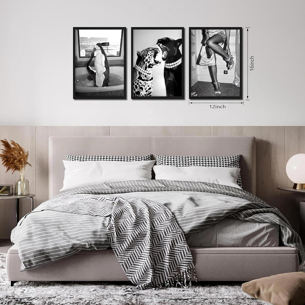 Framed Trendy Black and White Wall Art Set of 3, Fashionable Cheetah Wall Decor, Posters for Room Aesthetic, Modern