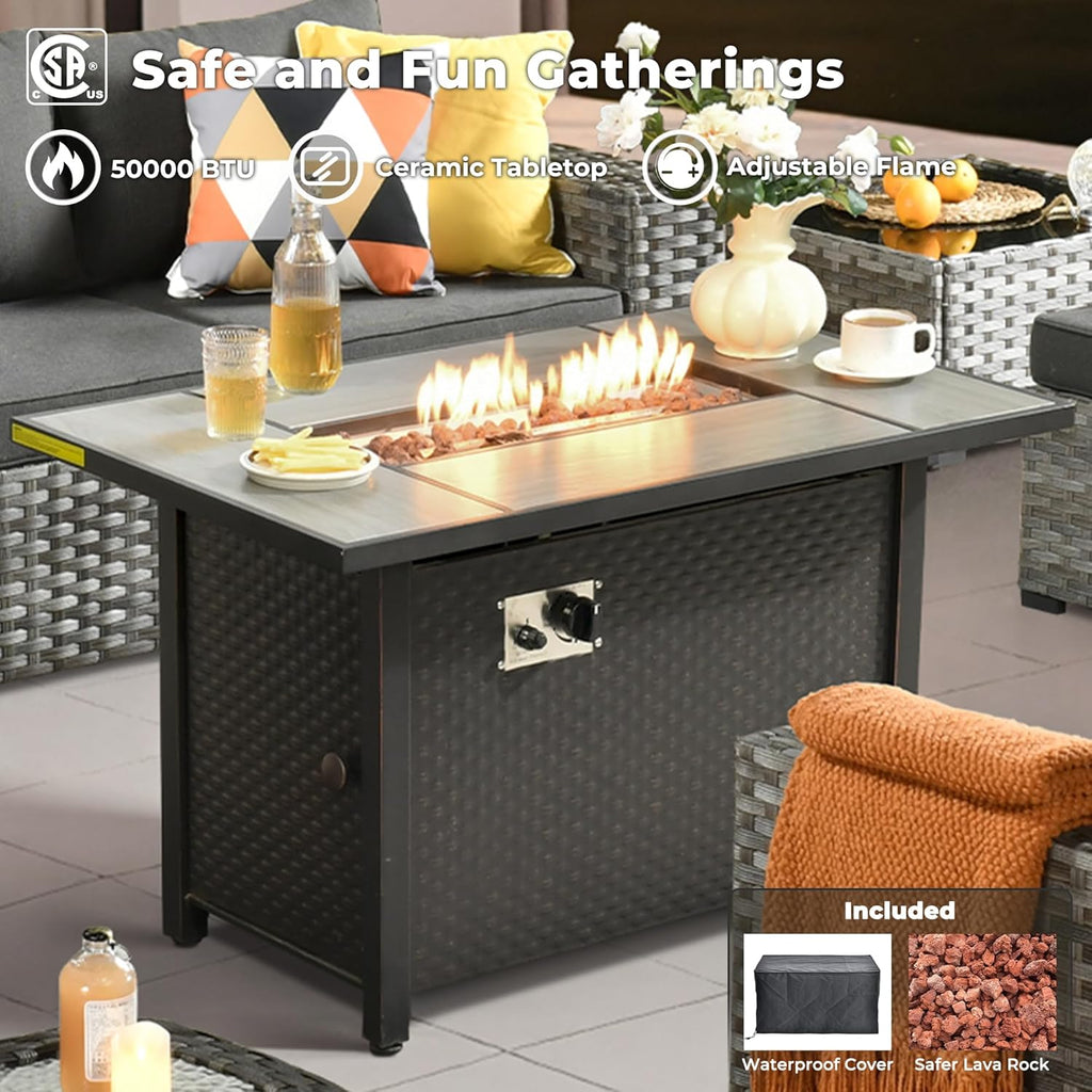 10 Pieces Patio Furniture Set, Outdoor Wicker Sectional Sofa with 42" Fire Pit Table Swivel Chairs
