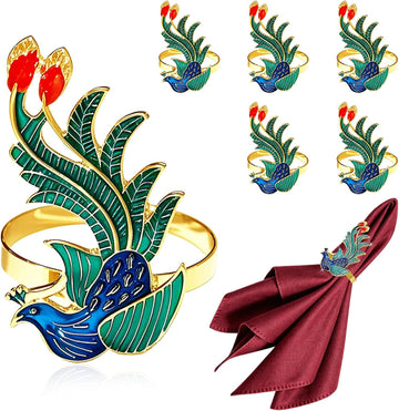 Peacock Napkin Rings Colorful Bird Napkin Holders for Fall Gatherings Christmas New Year Party Decor,Noble - Set of 6