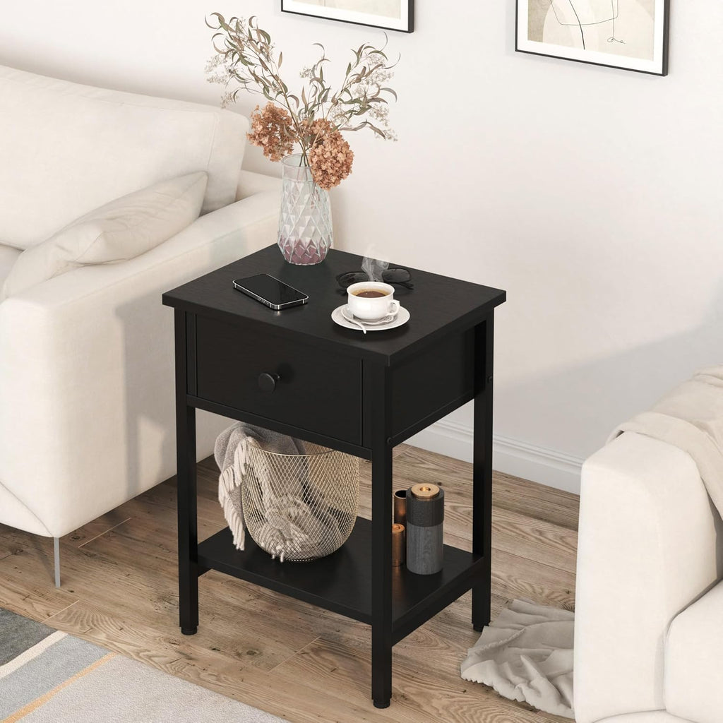Nightstands Set of 2 with Drawers, Bedside Table Set of 2 with Storage Shelf, Heavy Duty End Side Table Bedroom Small