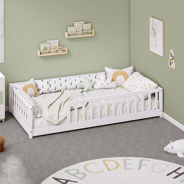Twin Montessori Floor Bed with Rails | Solid Wood White Floor Bed Frame for Kids, Montessori Bed with Slats, No Box