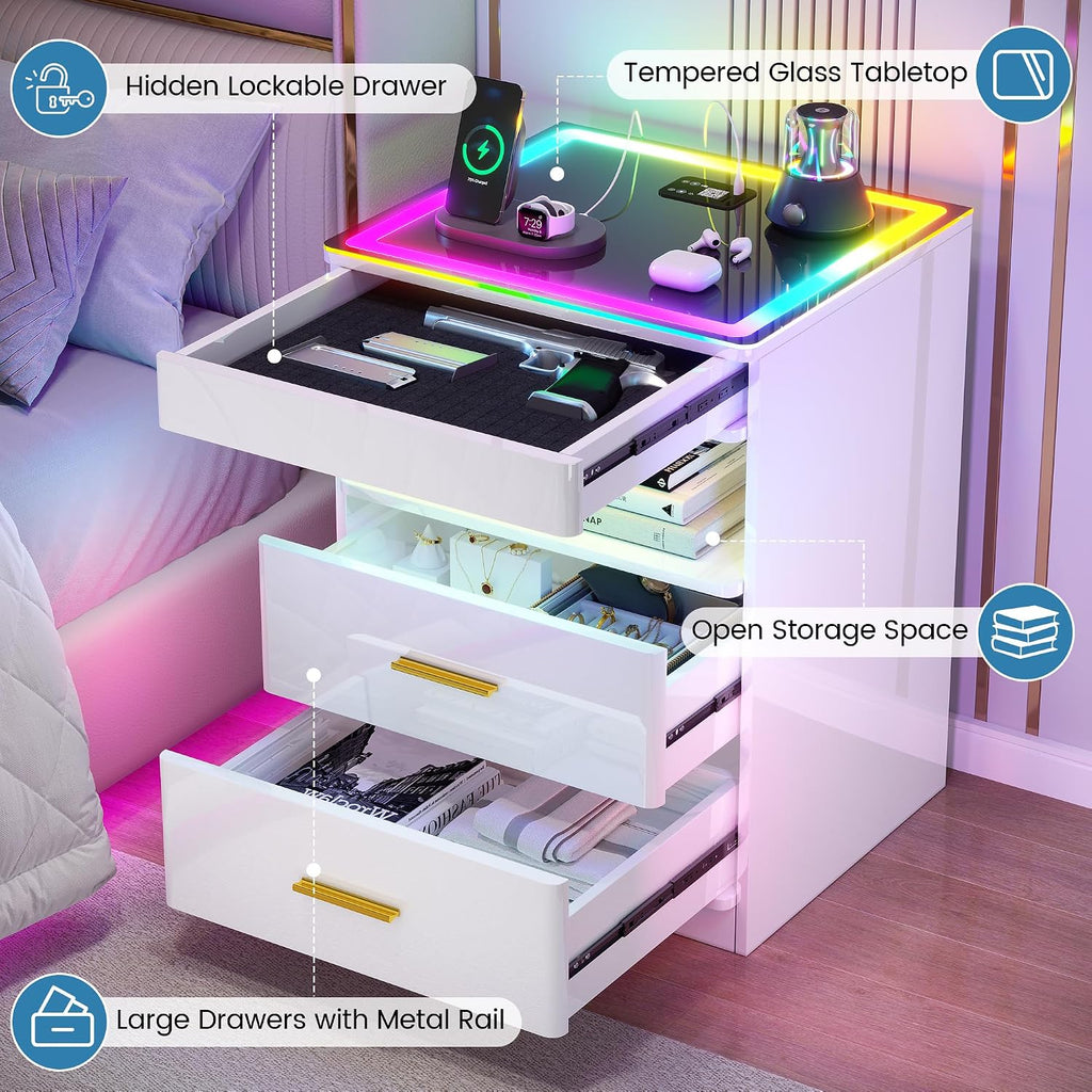 LED Nightstand with RGB Lights - Smart Night Stand with Charging Station, Modern Bedside Table with Tempered Glass