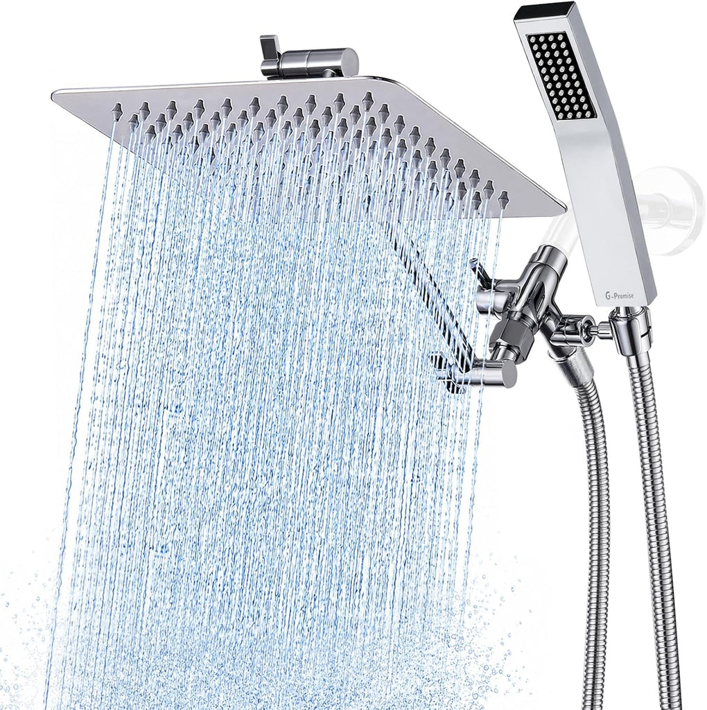 All Metal 8 Inch Dual Square Shower Head with Handheld Spray Combo, Rain Shower Head, Adjustable Extension Arm