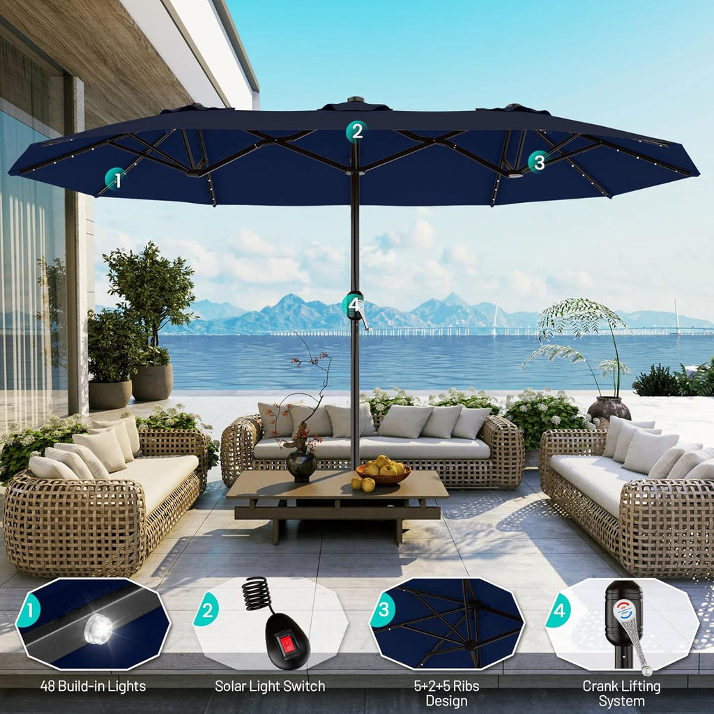 13 FT Patio Umbrella with Solar Lights, Double-Sided Outdoor Table Umbrellas with Crank
