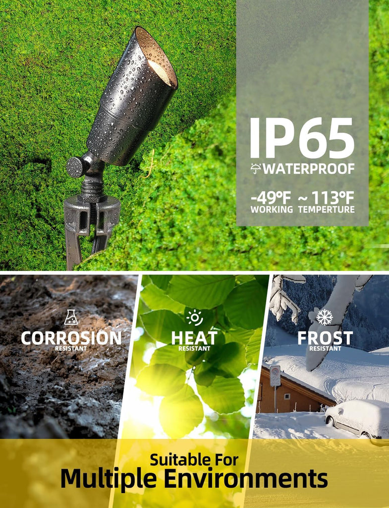 Brass Low Voltage Landscape Spotlight(Black) 6-Pack with 5W Aluminum Housing MR16 LED Bulb 2700K 450LM CRI85+,12V