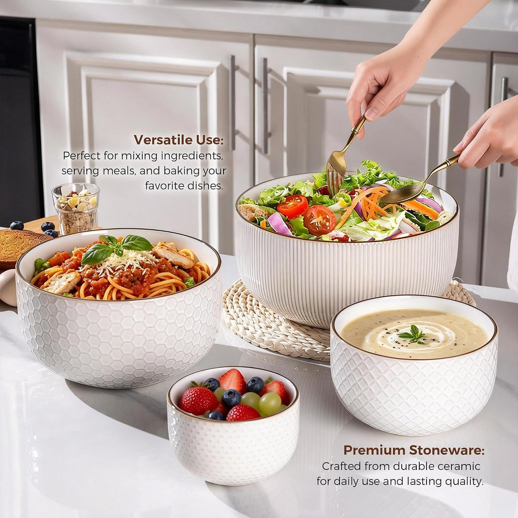 Ceramic Mixing Bowls Set of 4, Stoneware Nesting Serving Bowls | 150/105/45/20 oz For Prep, Baking, Serving, Gift