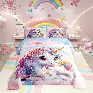 Unicorn Full Comforter Set for Girls Full Bedding Set Cute Rainbow Unicorn Duvet Comforter for Kids Cartoon Girls
