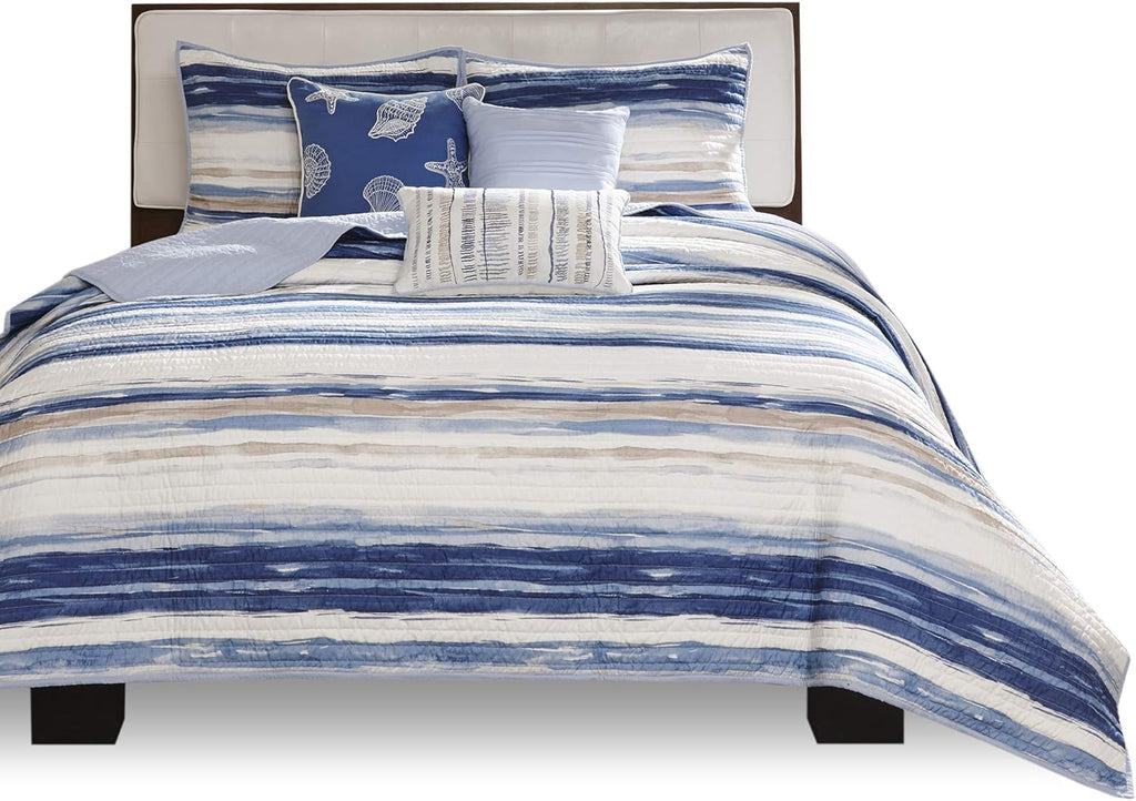 Quilt Set Cottage Coastal Design, 6 Piece Set - All Season, Coverlet Bedspread Lightweight Bedding Layer, Shams, Toss, Full/Queen Size