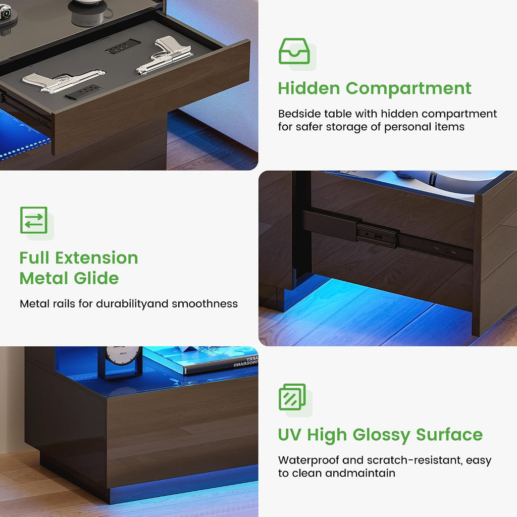 Nightstand with Gun Drawers , Smart LED Night Stand with Hidden Compartment, High Gloss Bedside Table with 3 Color