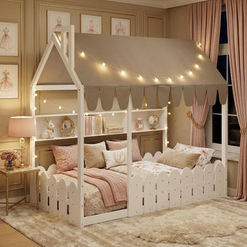 Twin Montessori House Floor Bed for Kids with Fence Railings, Tent & Lights, Wooden Kids Floor Bed Frame with 3