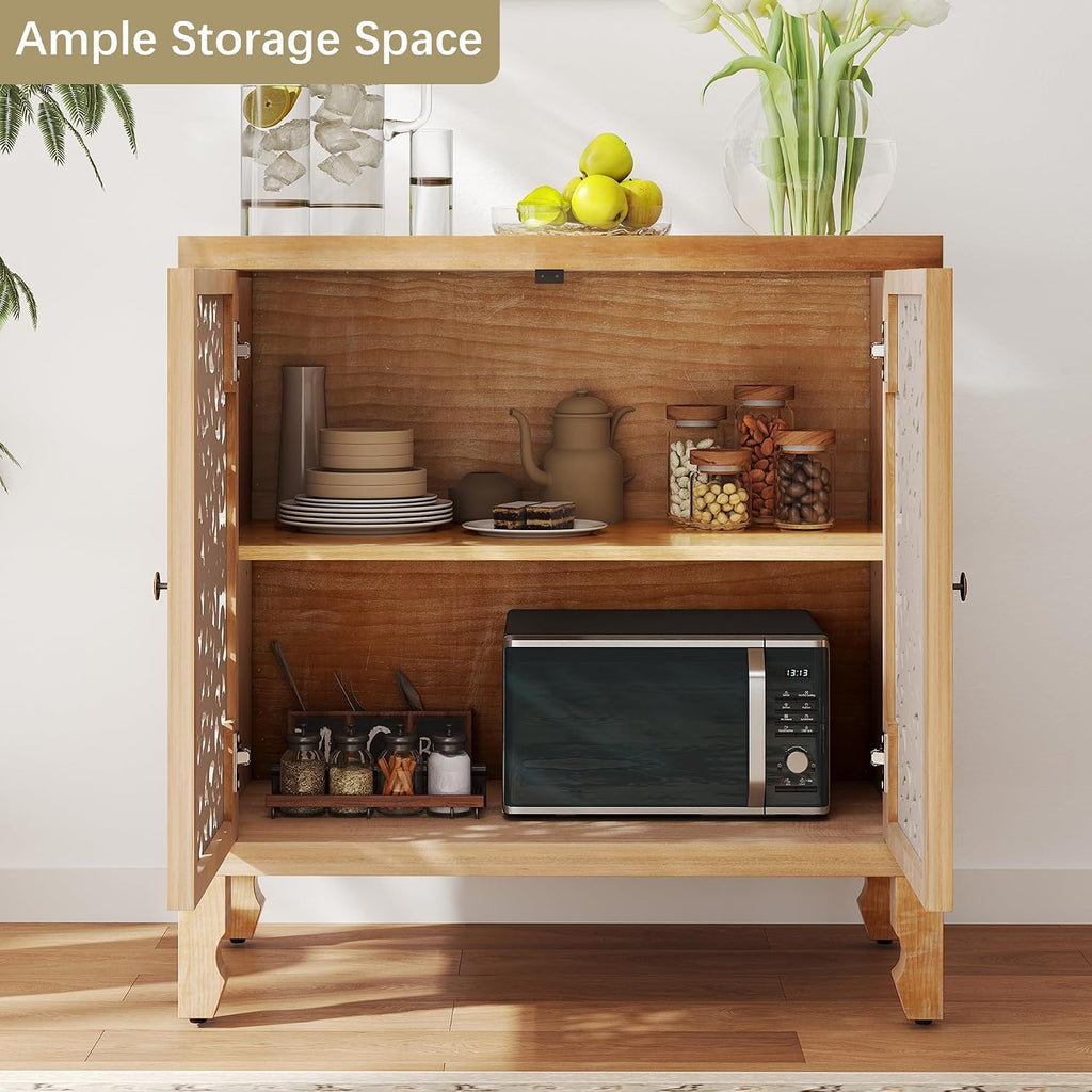 Buffet Cabinet with Storage, Accent Cabinet with 2 Carved Doors, Solid Wood Sideboard with Adjustable Shelf, Vintage