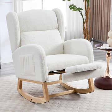 Nursery Rocking Chair with Footrest, Teddy Upholstered Glider Chair, Rocker Nursery Chair with Side Pocket, Glider