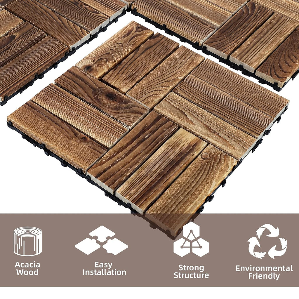 10 PCS Interlocking Deck Tiles, 12" X 12" Acacia Wood Tiles, Waterproof Wood Flooring Tiles for Indoor Balconies