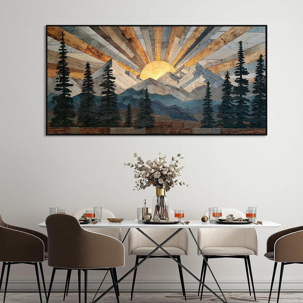 Boho Mountain Framed Wall Art Sunrise Pine Tree Forest Nature Scenery Painting Pictures Farmhouse Wall Decor Rustic