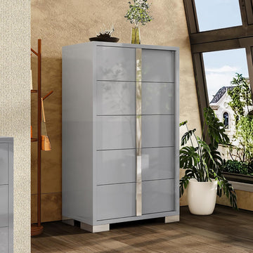 5 Drawer Dresser with Glossy Finish, Modern Storage Chest, Grey | 50.2" Tall Dresser, Storage Organizer, High Gloss