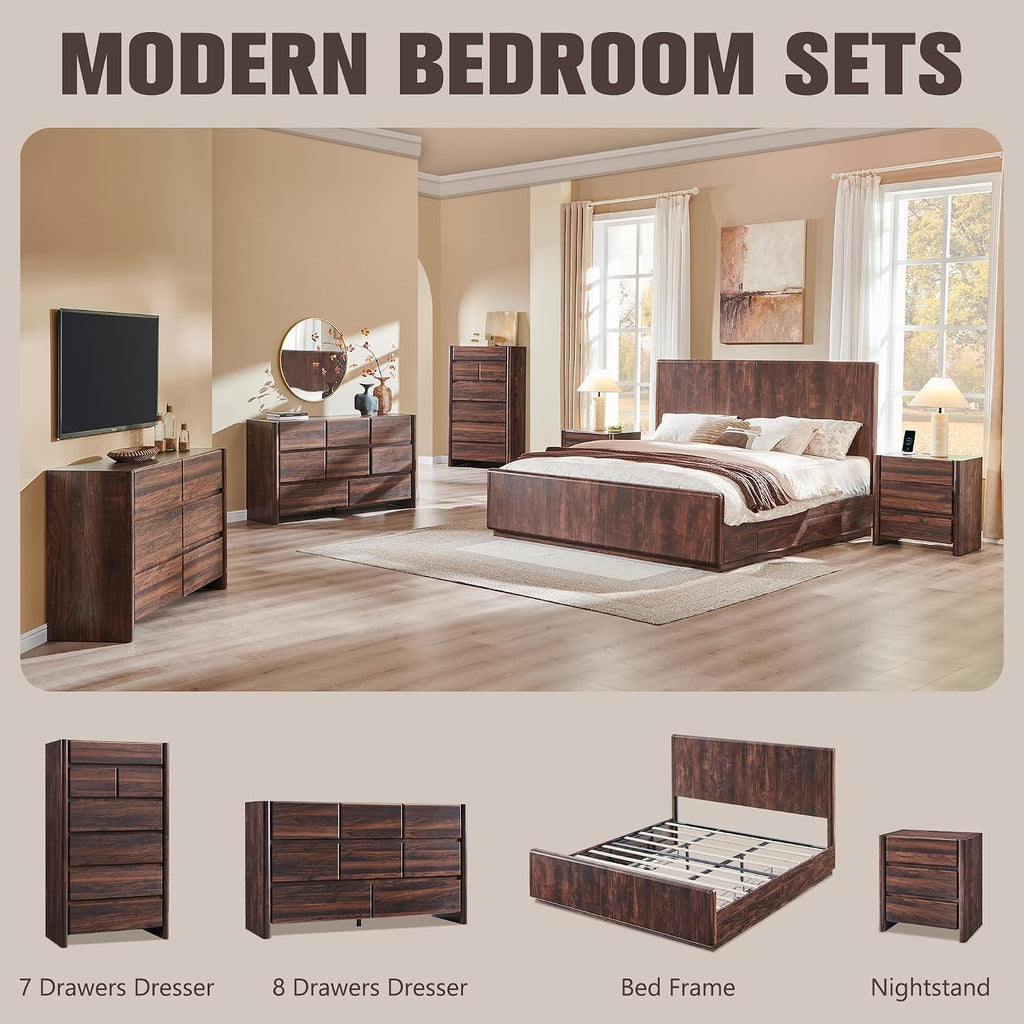 25" Tall Modern Nightstand Set of 2, 23.6" W Night Stand with Charging Station & 2 Storage Drawers & Open Shelf, Wood