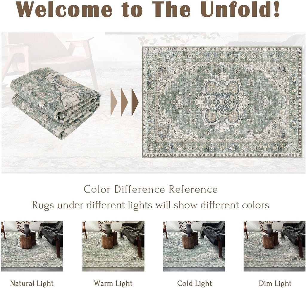 Area Rugs 9x12 Living Room - Large Washable Sage Green Boho Rugs