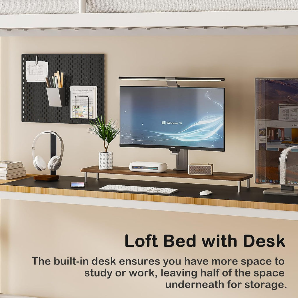 Loft Bed Twin with Desk, Metal Bedframe with Removable Ladder and Safety Guardrail, No Box Spring Needed, Space Saving