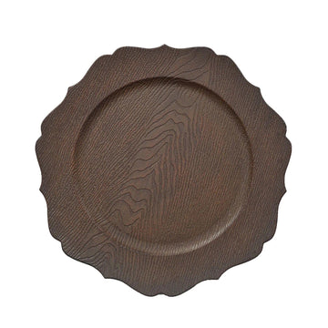 Rustic Brown 13 in Wooden Round Acrylic Charger Plates | 13-Inch Scalloped Trim Serving Dinnerware Set for Dinner