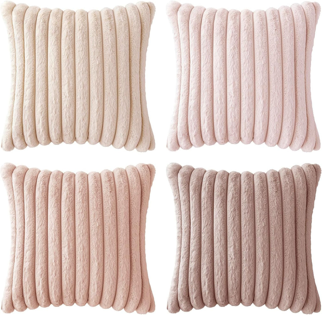 Faux Fur Plush Decorative Throw Pillow Covers 18x18 Set of 4, Valentine's Day Cute Modern Soft Romantic Fuzzy Striped