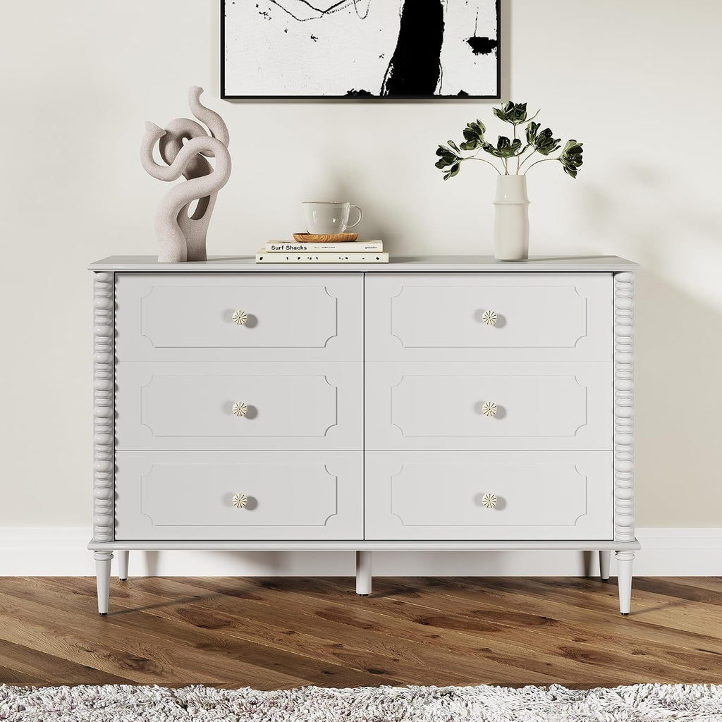 White 6 Drawer Dresser , 47" Wide Chest of Drawers with Turned Legs and Ceramic Knobs, Double Dresser, Wood Drawer