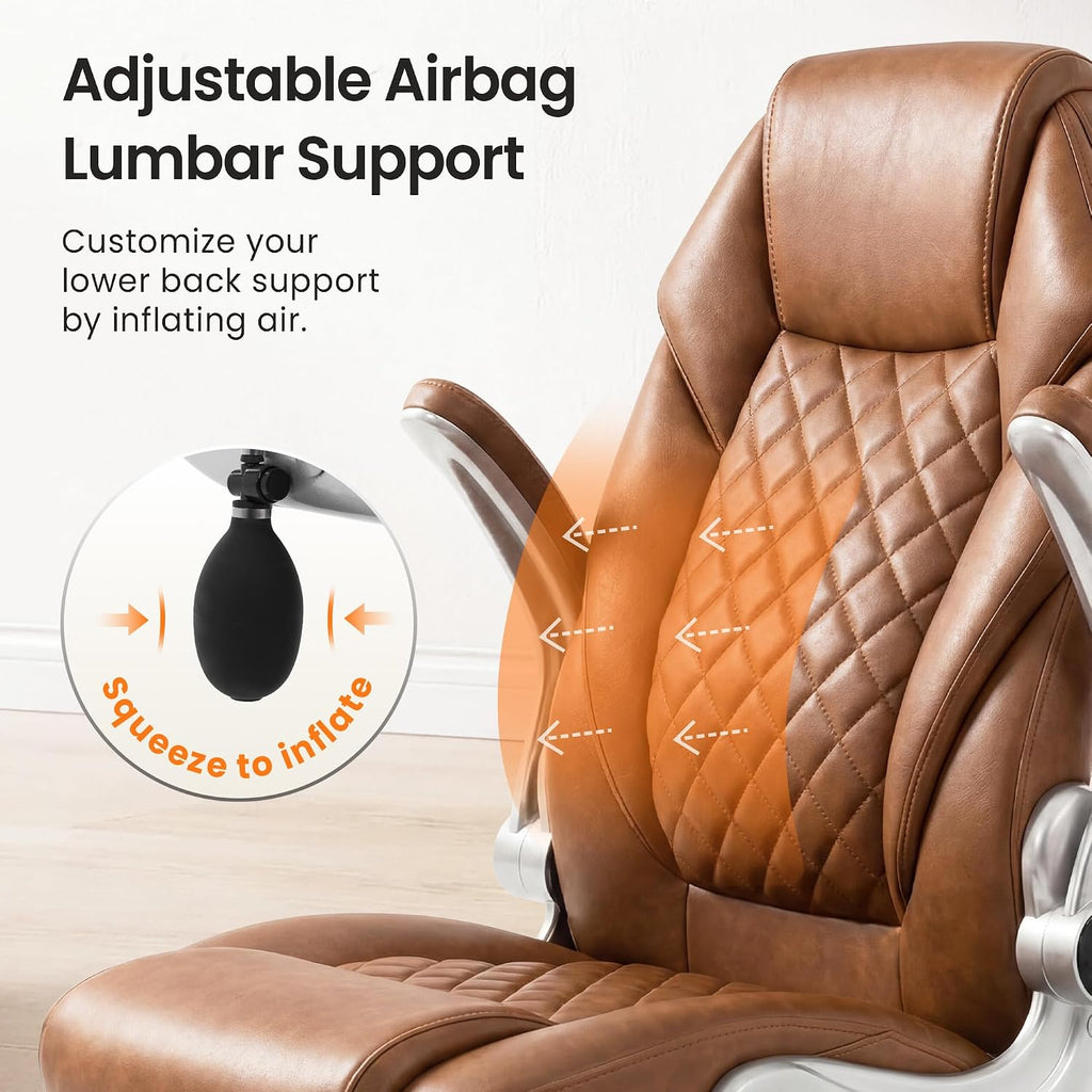 Executive High Back Ergonomic Computer Desk Chair with Adjustable Lumbar Support Padded FILP-up Arms PU Leather Comfy
