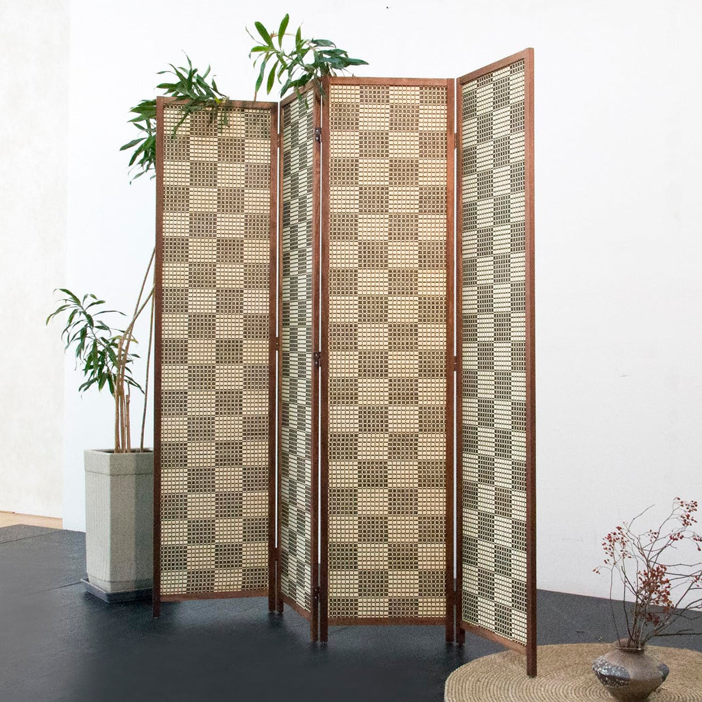 4 Panel Bamboo Room Divider, Gray Checker Folding Privacy Screen