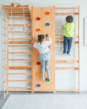 Walnut 9-in-1 Swedish Ladder Wall Gym Set - 94.5 Inches - Trapeze Swing, Rope Ladder, Rock Wall, Rope Wall, Rock Ramp