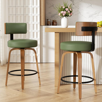 Swivel Bar Stools Set of 2, 26" Faux Leather Upholstered Counter Height Bar Stools with Back and Bentwood Legs, Mid