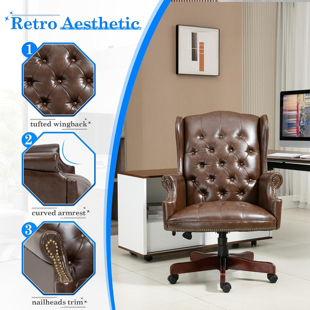 Big and Tall Executive, Ergonomic 360° Swivel Recliner Chair, Retro Brown Faux Leather Home Office Desk Chairs