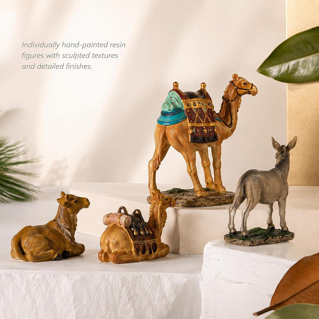 Kings Gifts Nativity Animals Set, 4-Piece Polystone Standing and Sitting Camels, Donkey, and Ox Figures, Flat Bottom