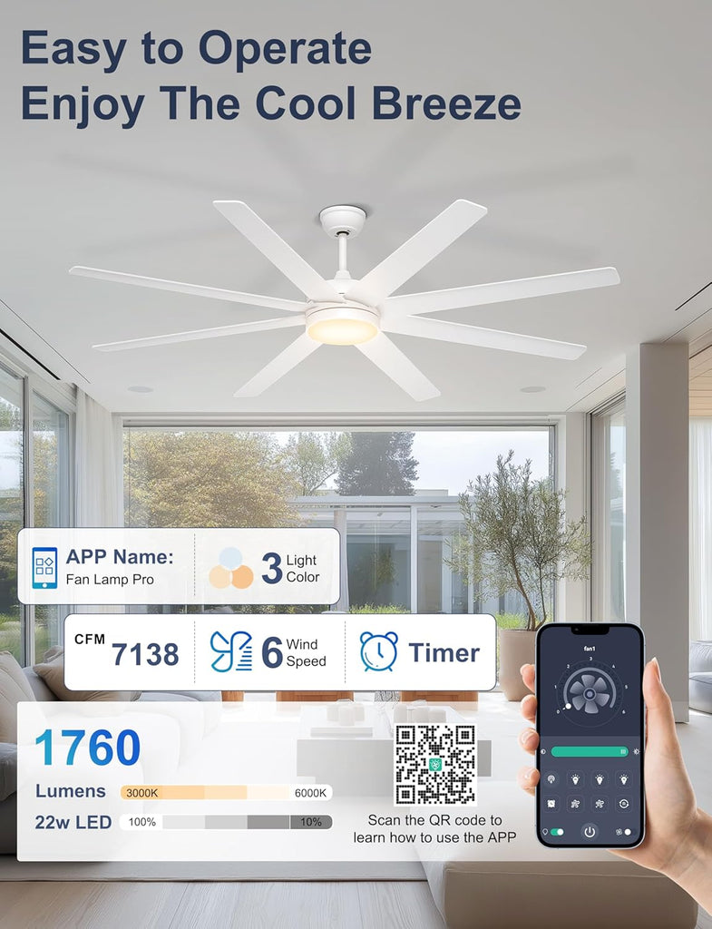 72 Inch Large Ceiling Fans with Lights, 8 Blades White Ceiling Fan Remote/APP Control, Dimmable