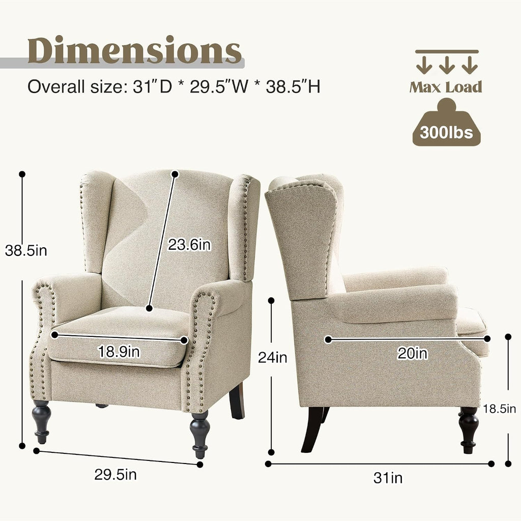High Back Accent Chair, Upholstered Wingback Arm Chair with Vintage Wood Legs, Comfy Single Sofa Armchair Modern Side