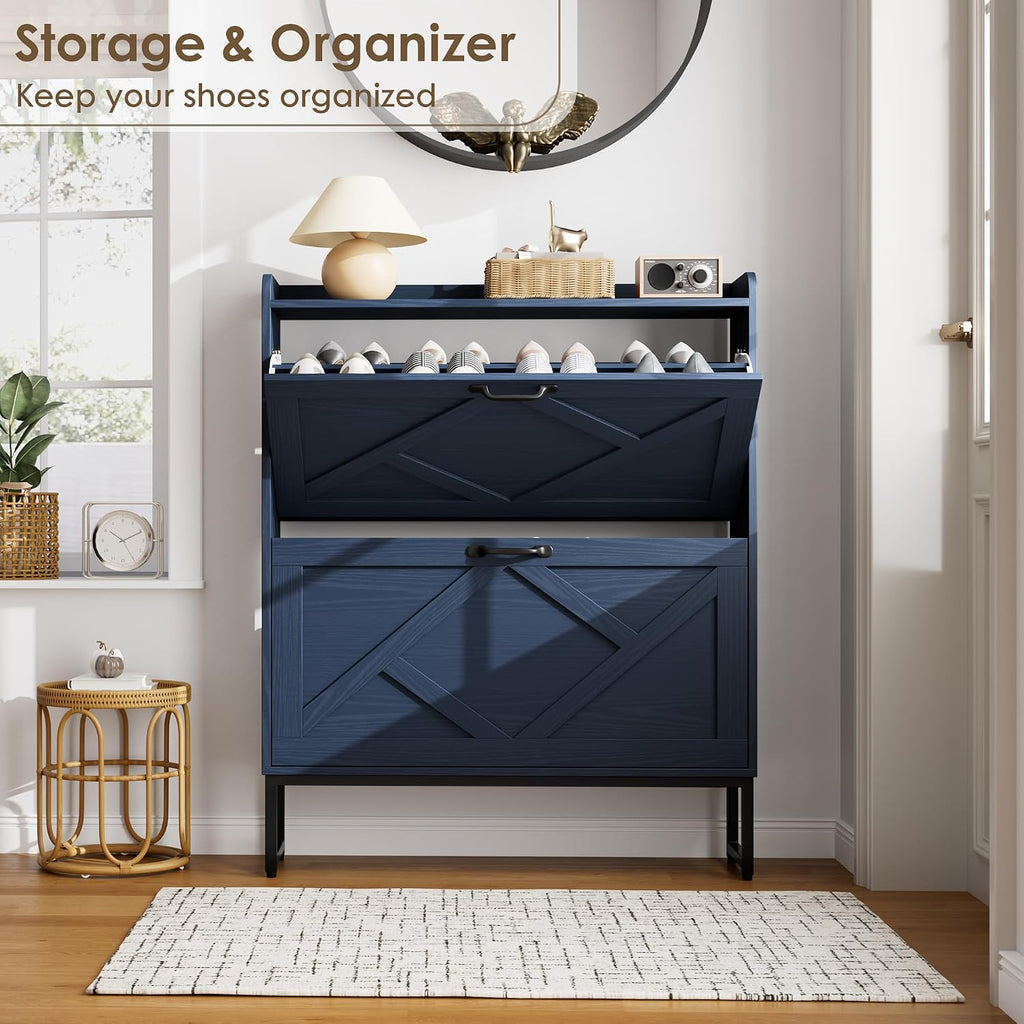 Shoe Storage Cabinet, Shoe Cabinet with 2 Flip Drawers, Narrow Shoe Rack Cabinet, Farmhouse Slim Shoe Cabinet Storage