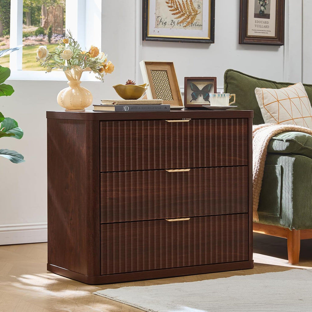 31" Wide Fluted Nightstand, Oversized Extra Large 3 Drawers Night Stand, Walnut Wood Bedside Table,Tall Bed Side End