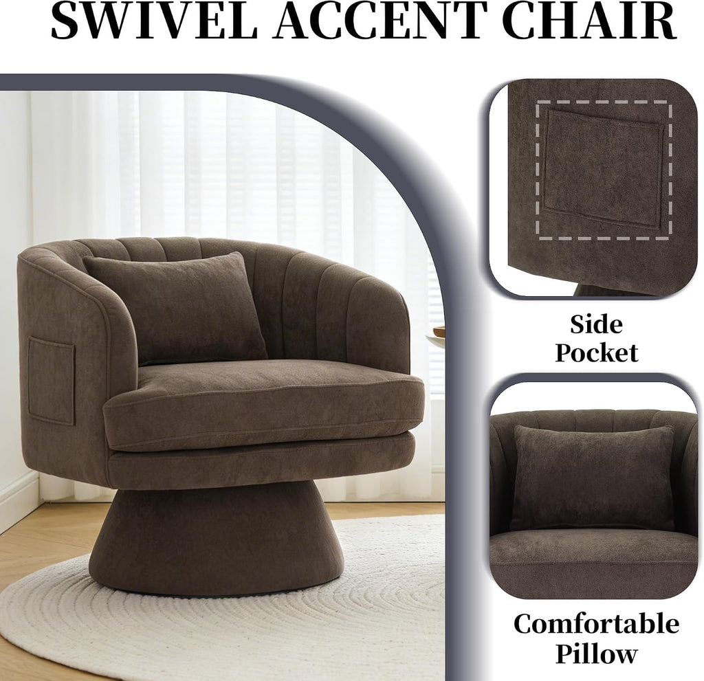 360° Swivel Barrel Chair with Side Pocket & Pillow Set of 2, Cloud Velvet Modern Swivel Accent Chair with Curve Back