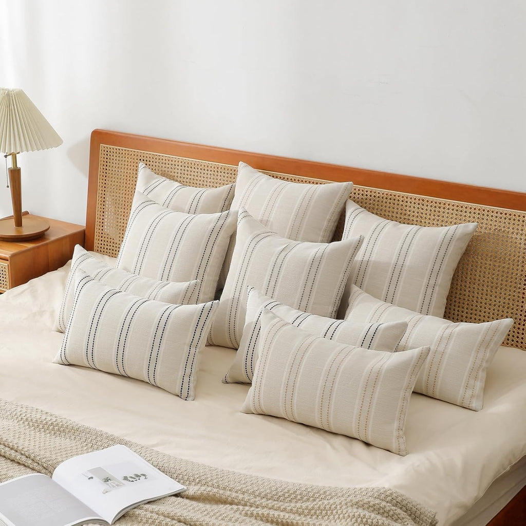 Decorative Pillow Covers 18x18 Striped Throw Pillows Textured Linen Pillow Covers Farmhouse Decor Cushion Covers, Grey