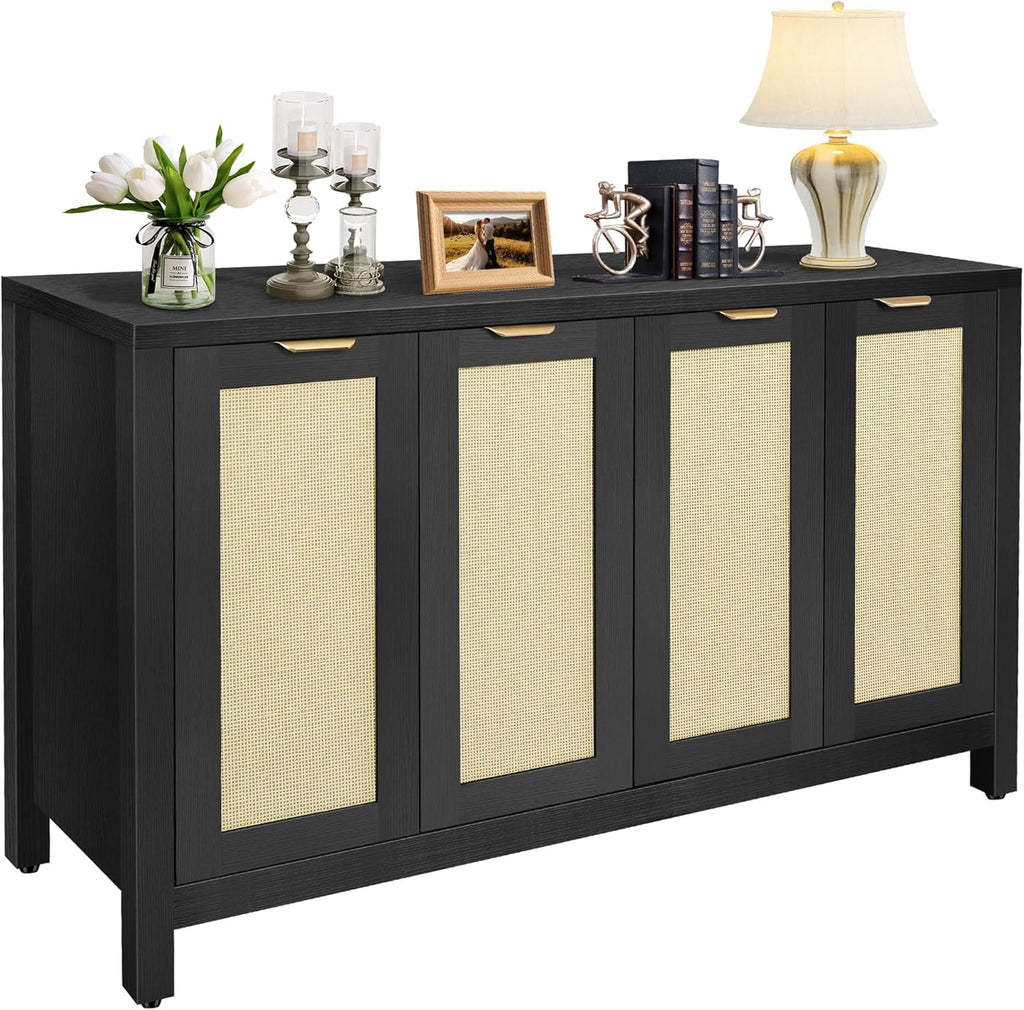 Rattan Sideboard Buffet Credenza Cabinet - Large Farmhouse Kitchen Coffee Bar Cabinet with 4 Rattan Door Storage for Entryway Living Room, 55" x 15" x 31.5" (Black)