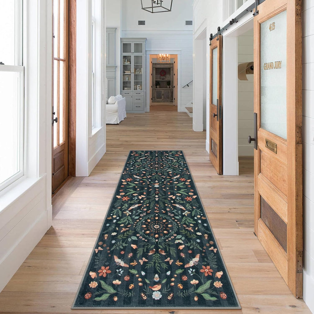 Insect Botanical 2'6"x10' Black Runners for Hallways, Non Slip Washable Kitchen Bathroom Carpet Runn