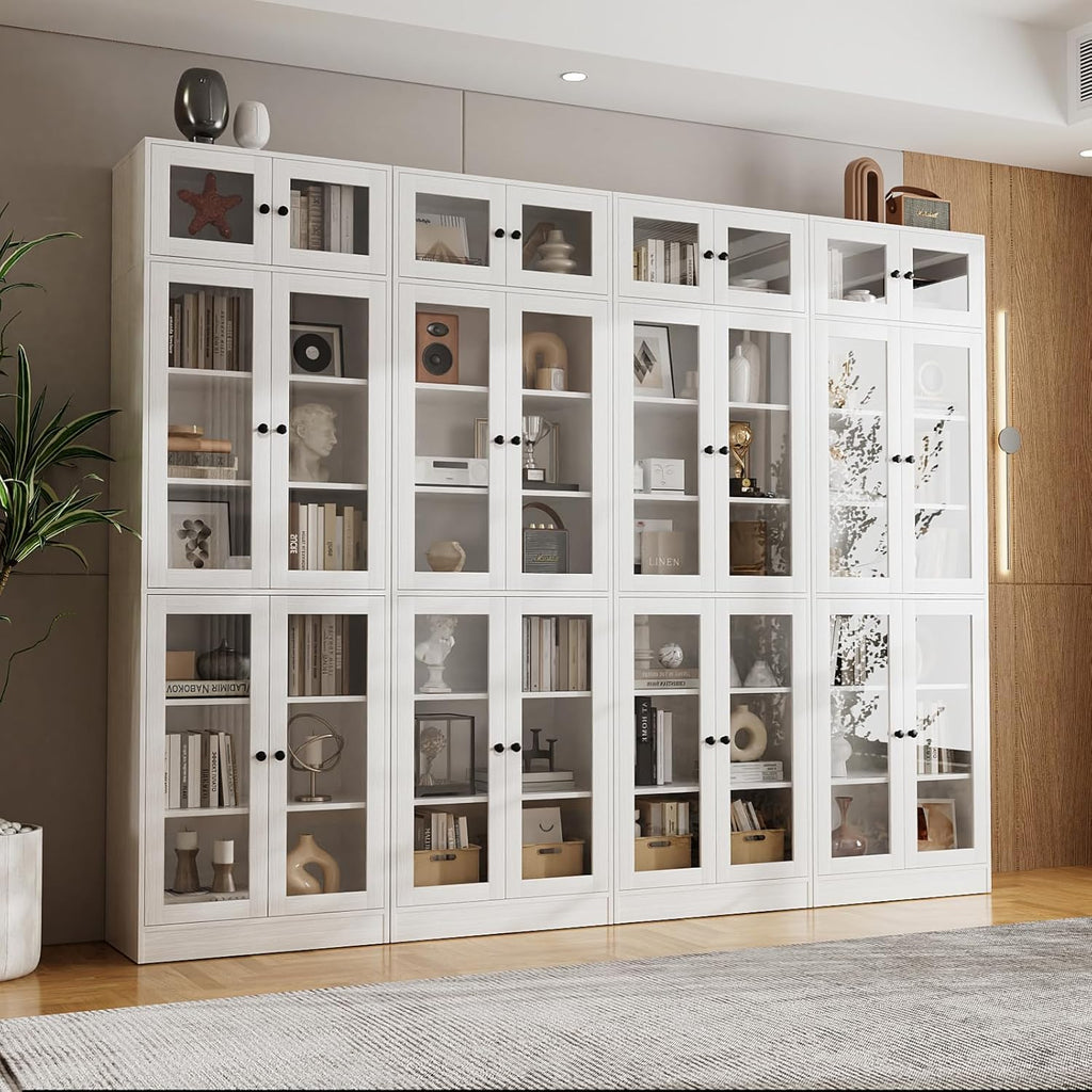 85.5" H Bookshelf Single Pack - Glass Door Design, 7 Tier Book Shelf, Curio Cabinets with Storage