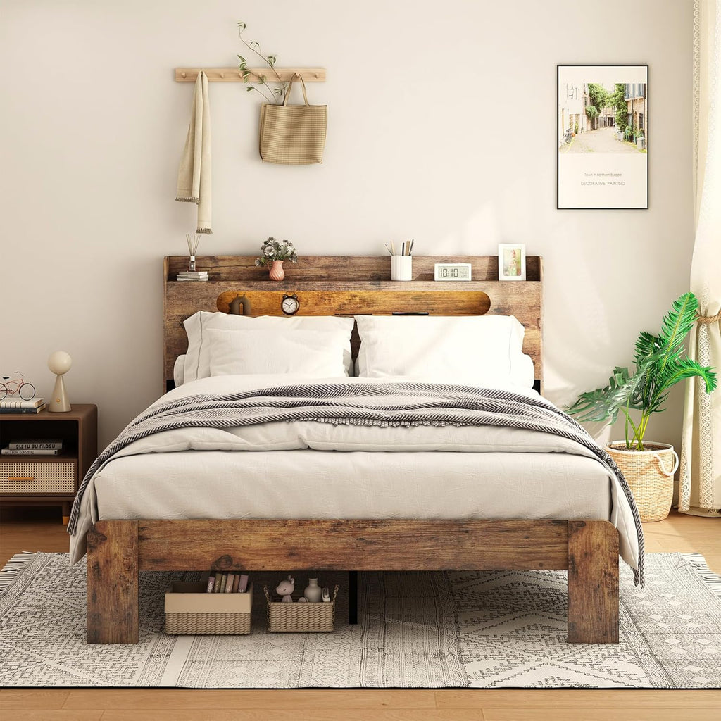 Wooden Queen Bed Frame with Storage Headboard, Rustic Farmhouse Platform Bed Frame Queen with Charging Station & LED