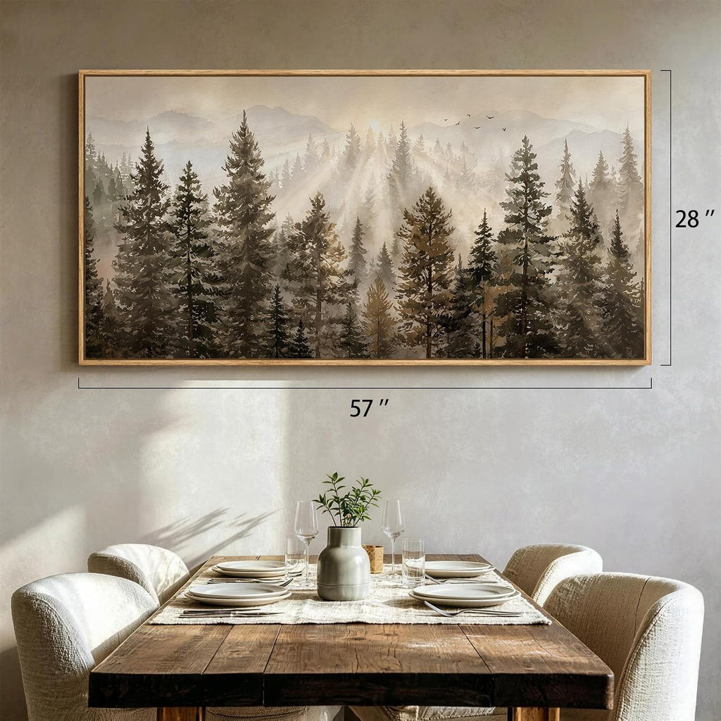 Extra Large Framed Forest Landscape Wall Art, Misty Pine Tree Mountain Nature Woodland Sunset Artwork for Walls